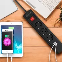   Elektr uzatma kabeli Huntkey SGA407  3 rozetka  2xUSB  1 5 m (10A) Qora