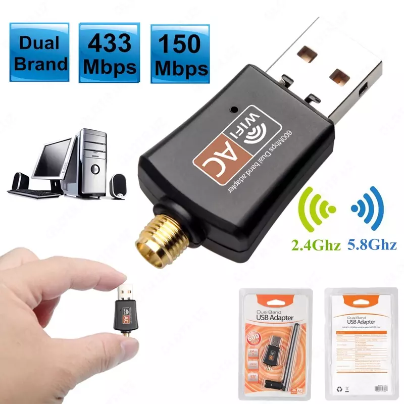 Wi-Fi Приемник 150 Мбит/с/433 Мбит/с USB WiFi адаптер 2,4G/5,8 ГГц Поддержка IEEE 802.11ac/a/b/g/n для Windows XP/Vista/7/8/10/Linx2.6X/Mac OS X