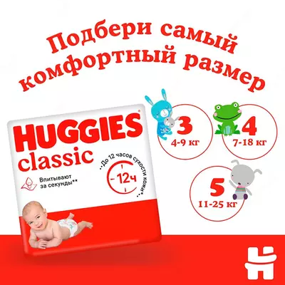 Подгузники Huggies Classic 3 , 4-9 кг, 16 шт