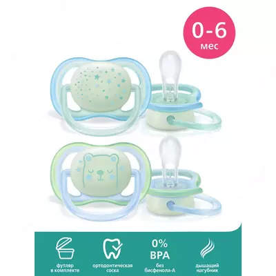 Пустышка Philips Avent ultra air night ночная с футляром для стерилизации с 0 до 6месяцев 2шт