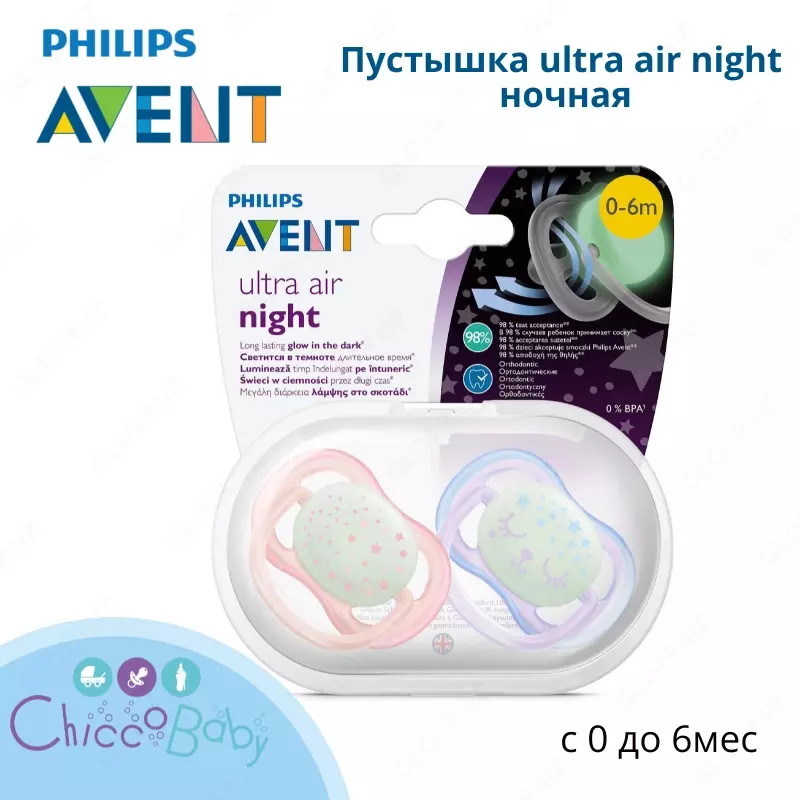 Пустышка Philips Avent ultra air night ночная с футляром для стерилизации с 0 до 6месяцев 2шт