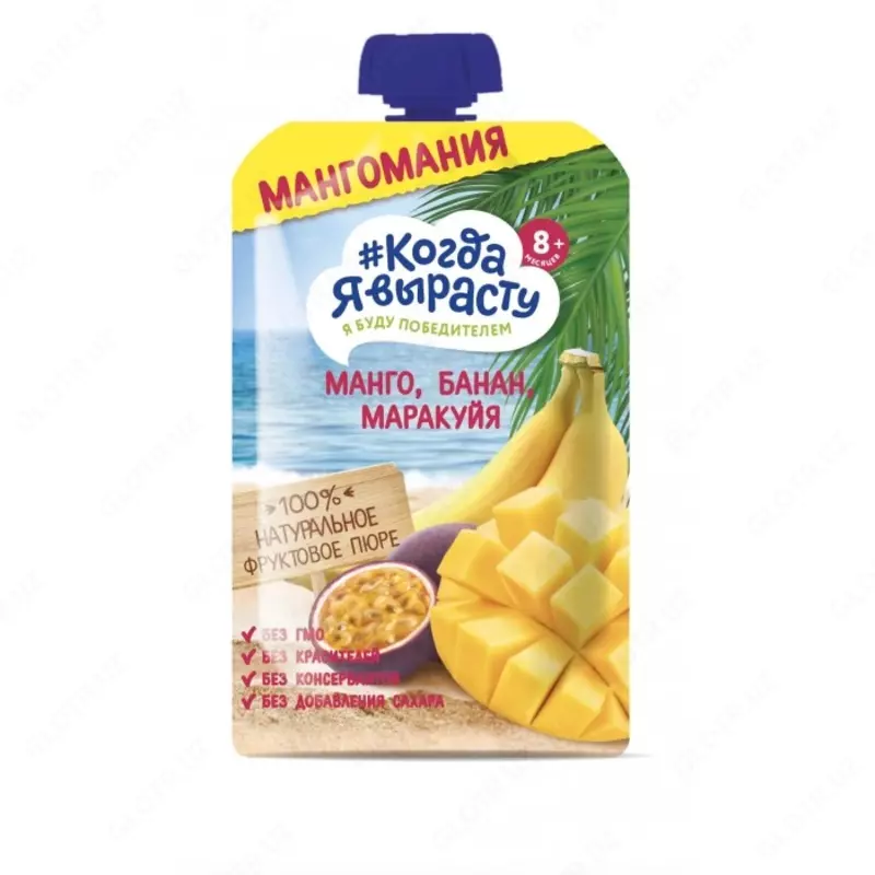 Men ulg'ayganimda, pyuresi bir hil olma, Mango, banan, ehtiros mevasi, 8 oydan. 180 g