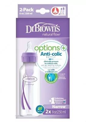 Антиколиковые бутылочки с узким горлышком Options+ (2х250мл), Dr. Brown's 0+ мес.