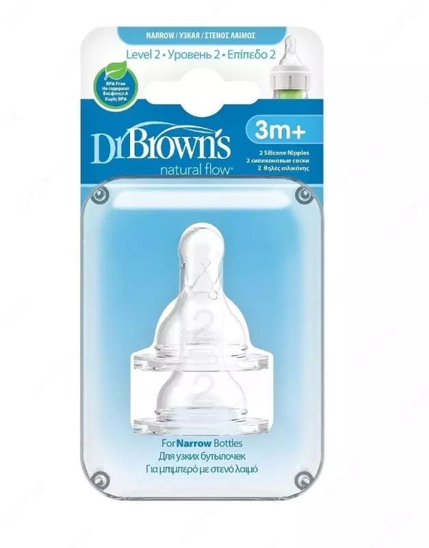 Dr.Brown's Соска для бутылочек с узким горлышком, силиконовая, от 3 месяцев, 2-й уровень, 2 шт