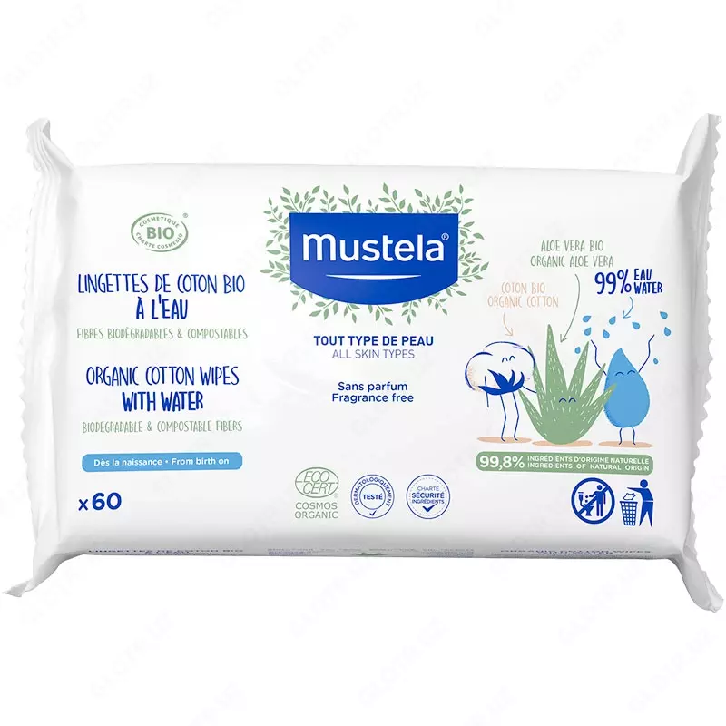 Салфетки Mustela Baby из органического хлопка с водой