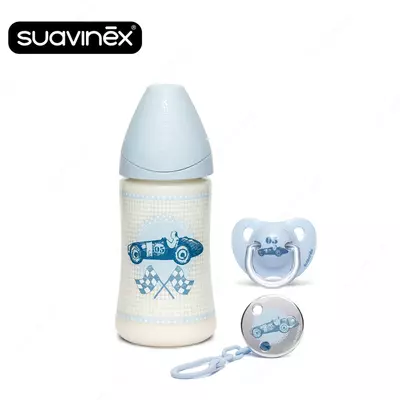 СТАРТОВЫЙ ПОДАРОЧНЫЙ НАБОР Suavinex Набор бутылочка 270 мл, соска и клипса для пустышки