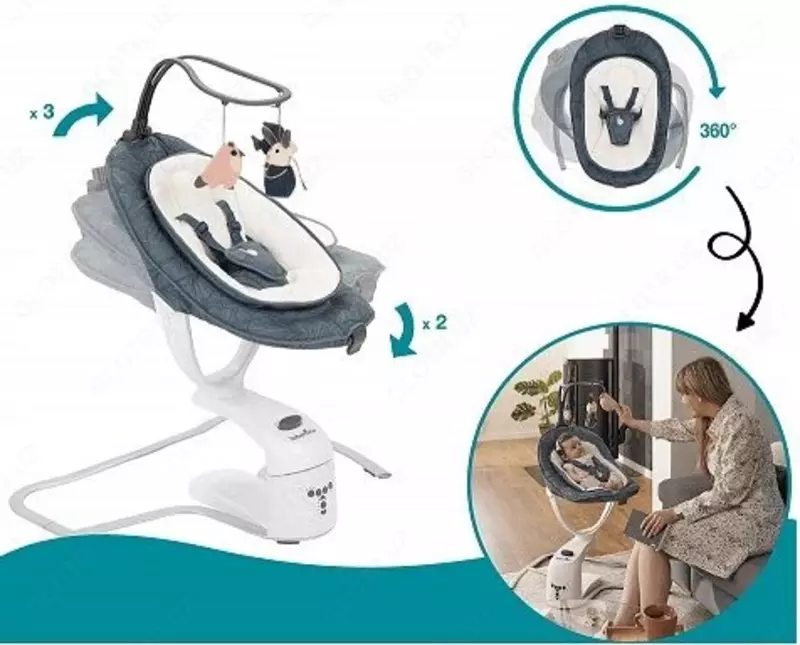 Люлька шезлонг качалочка Babymoov - Swoon Motion, Blue Petal с рождения до 9 кг