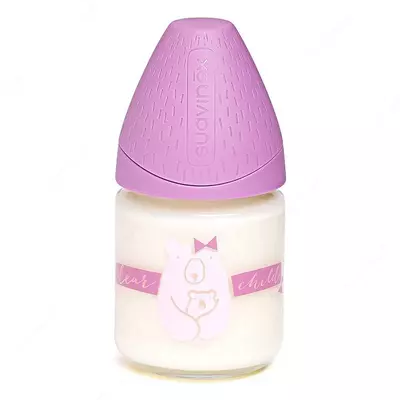 Suavinex o'rtacha hayot 120ml dumaloq ko'krak shishasi, binafsha ayiq
