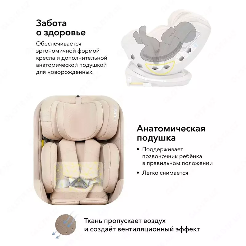 Happy Baby I-Unix bolalar uchun avtomobil o'rindig'i (0-1-2-3, 0 - 12 yosh, 36 kg gacha), Beige rangi