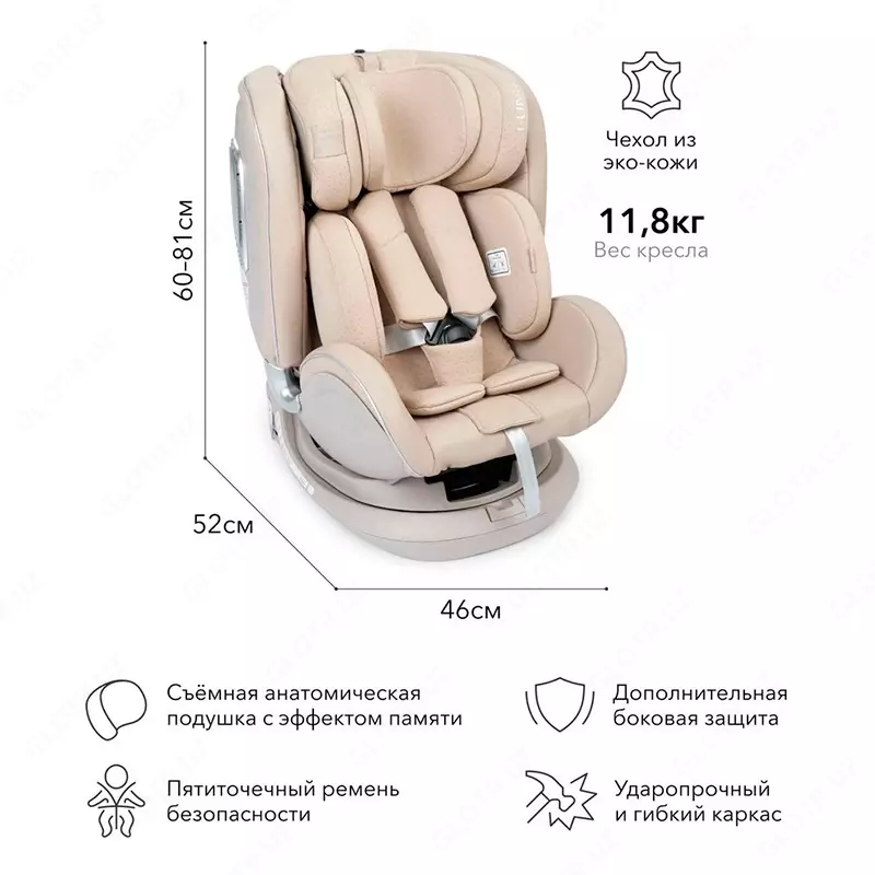 Happy Baby I-Unix bolalar uchun avtomobil o'rindig'i (0-1-2-3, 0 - 12 yosh, 36 kg gacha), Beige rangi