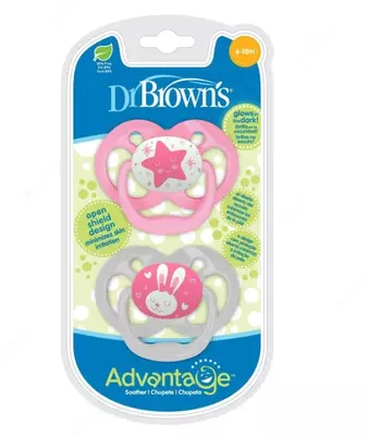 Пустышка Dr Brown's Advantage ночная с крышкой 6-18 месяцев 2шт Розовый