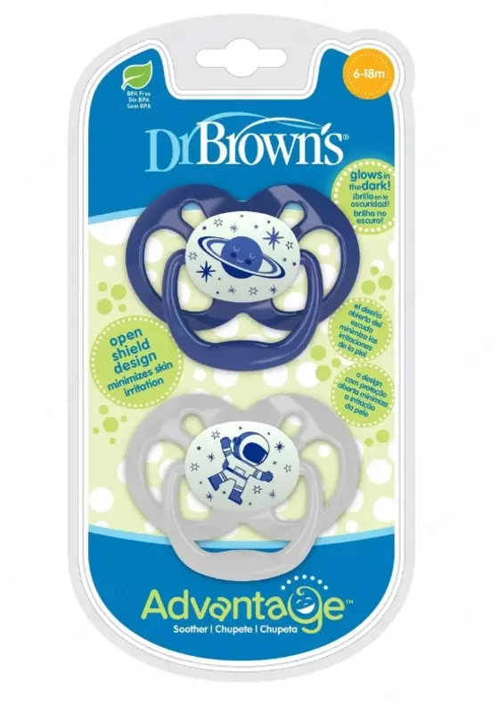 Пустышка Dr Brown's Advantage ночная с крышкой 6-18 месяцев 2шт Синий