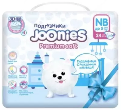 Joonies premium soft NB tagliklari (0-5 kg) 24 dona