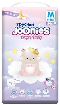 Joonies трусики Royal Fluffy M, 6-11 кг, 54 шт., белый