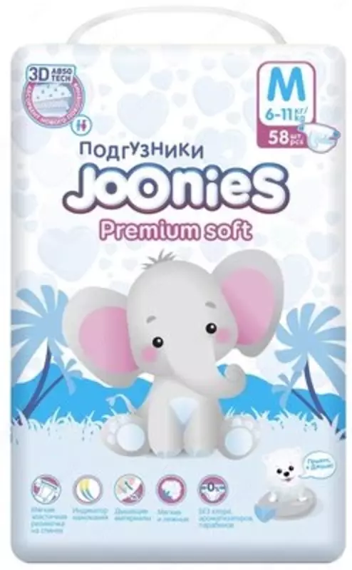 Joonies подгузники Premium Soft M 6-11 кг, 58 шт., белый