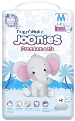 Joonies подгузники Premium Soft M 6-11 кг, 58 шт., белый