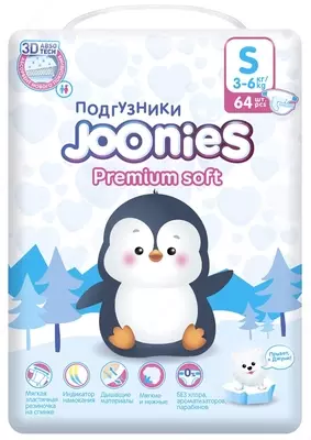 Joonies подгузники Premium Soft S (3-6 кг), 64 шт., белый
