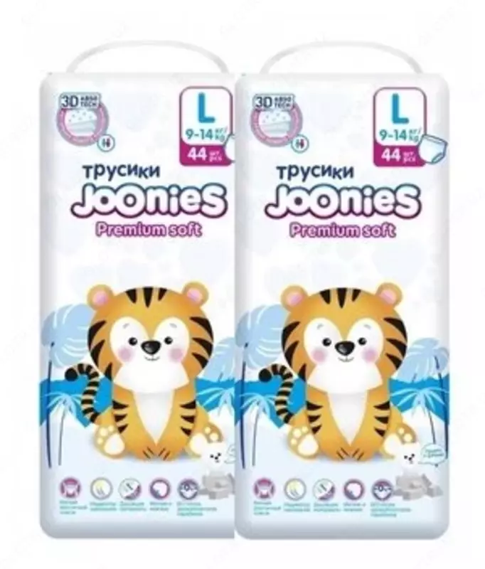 Joonies Premium Soft L tagliklari 9-14 kg, 44 dona, 2 ta qadoq