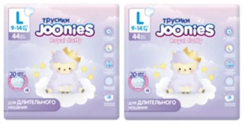 Joonies to'plami 2 X Joonies Royal Fluffy trusikli tagliklari hajmi L (9-14 kg) 44 dona