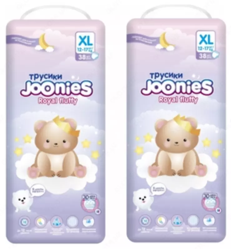 Joonies to'plami 2 X Joonies Royal Fluffy trusikli tagliklari hajmi XL (12-17 kg) 38 dona