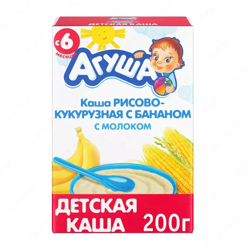  Sutli botqa Agusha 6 oylik bananli guruch-makkajoxori. 200 g - 
