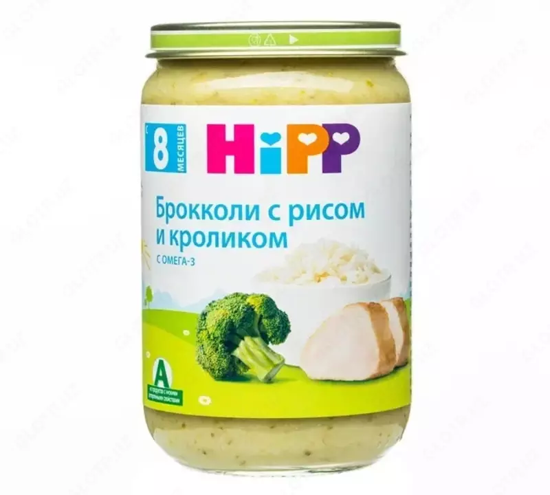 8 oydan boshlab guruch va quyon bilan Hipp Brokkoli pyuresi.