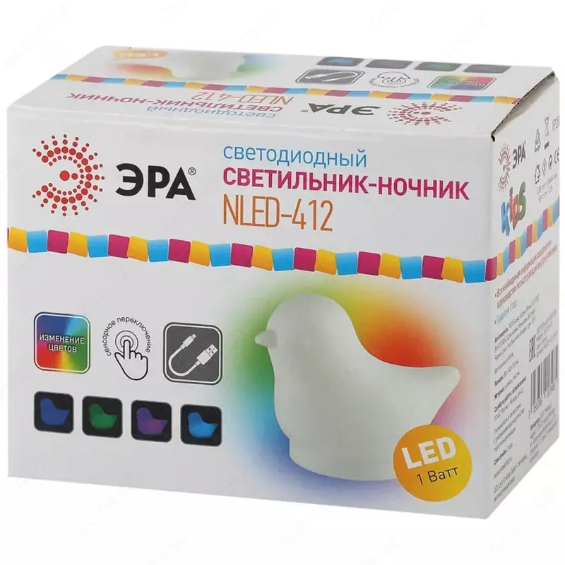 Светодиодный ночник силиконовый светильник ЭРА, белый, на батарейках или от USB