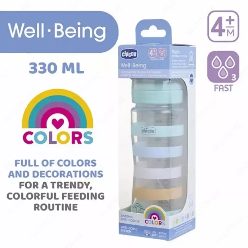Бутылочка для кормления Well-Being Plastic Feeding Bottle 330ml FASTFLOW SIL, GREEN, арт.CH28637-21