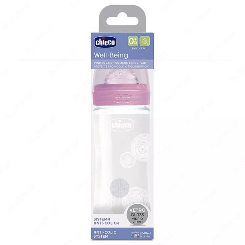 Бутылочка для кормления Well-Being GLASS Feeding Bottle 240ml SLOWFLOW 0м+ SIL, PINK, арт.CH28721-11