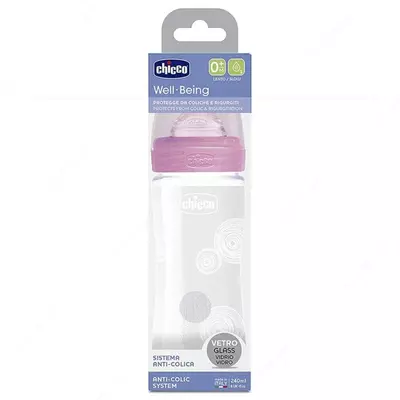 Бутылочка для кормления Well-Being GLASS Feeding Bottle 240ml SLOWFLOW 0м+ SIL, PINK, арт.CH28721-11