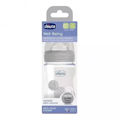 Бутылочка для кормления Well-Being GLASS Feeding Bottle150ml Slow Flow 0m+ Silicone, арт.CH28711-30