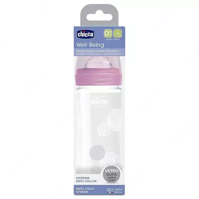 Бутылочка для кормления Well-Being GLASS Feeding Bottle 240ml Slow Flow 0m+ Silicone, PINK арт.CH28721-10