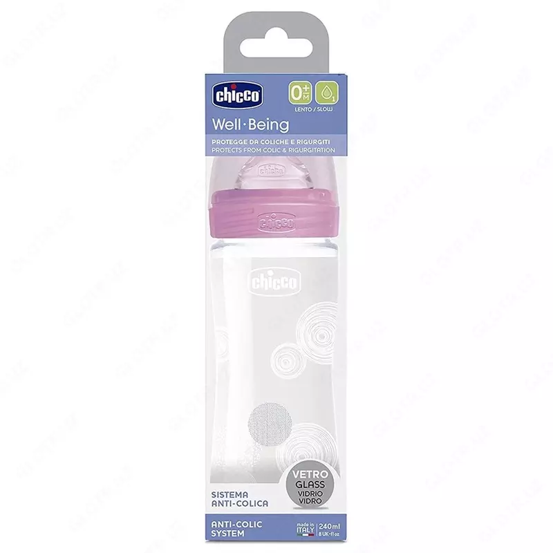 Бутылочка для кормления Well-Being GLASS Feeding Bottle 240ml Slow Flow 0m+ Silicone, PINK арт.CH28721-10