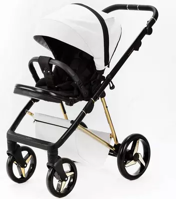 Коляска 2 в 1 "Adamex" Quantum Star Deluxe 104-К (Польша) Белая кожа/Розовое золото