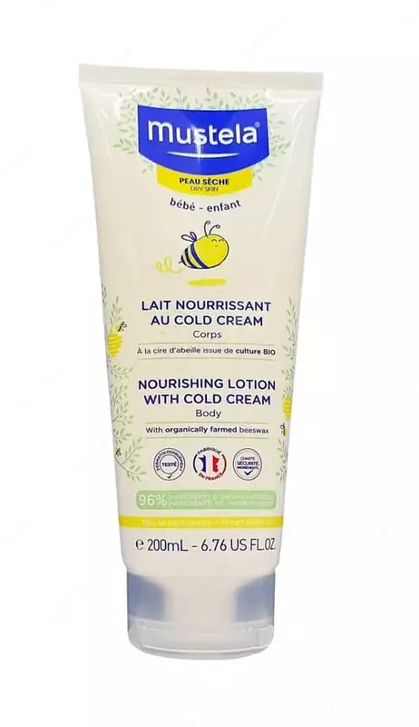 "Mustela" Bebe (200 ml) Frantsiya quruq teri uchun sovuq kremli chaqaloq tanasi losoni