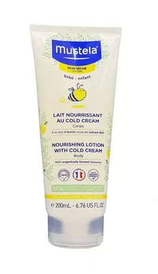 "Mustela" Bebe (200 ml) Frantsiya quruq teri uchun sovuq kremli chaqaloq tanasi losoni