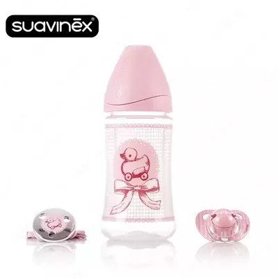 СТАРТОВЫЙ ПОДАРОЧНЫЙ НАБОР Suavinex Набор бутылочка 270 мл, соска и клипса для пустышки