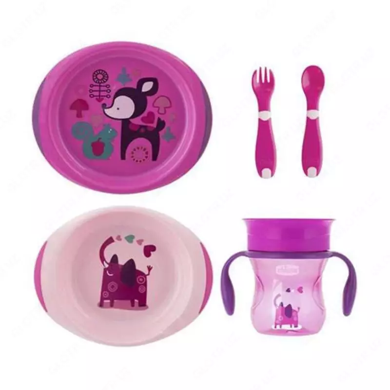 Bolalar uchun idishlar to'plami "CHICCO" 12m+, 5 ta (Pushti)