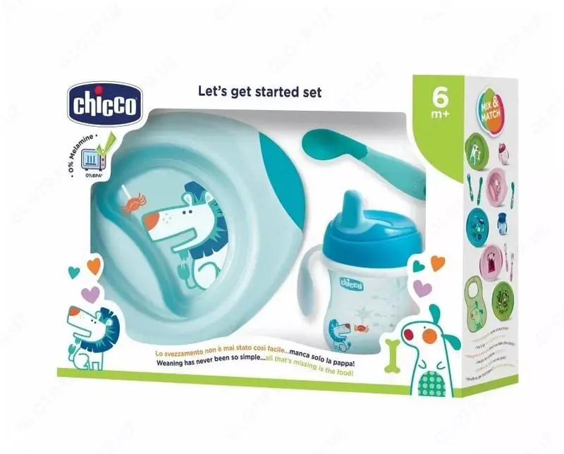 Bolalar uchun idish-tovoqlar to'plami "CHICCO" 12m+, 5 dona (Ko'k)