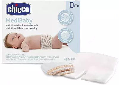 Kindik bandaji "Chicco" Medibaby mini to'plami, 3 ta kompress, 3 ta elastik bandaj
