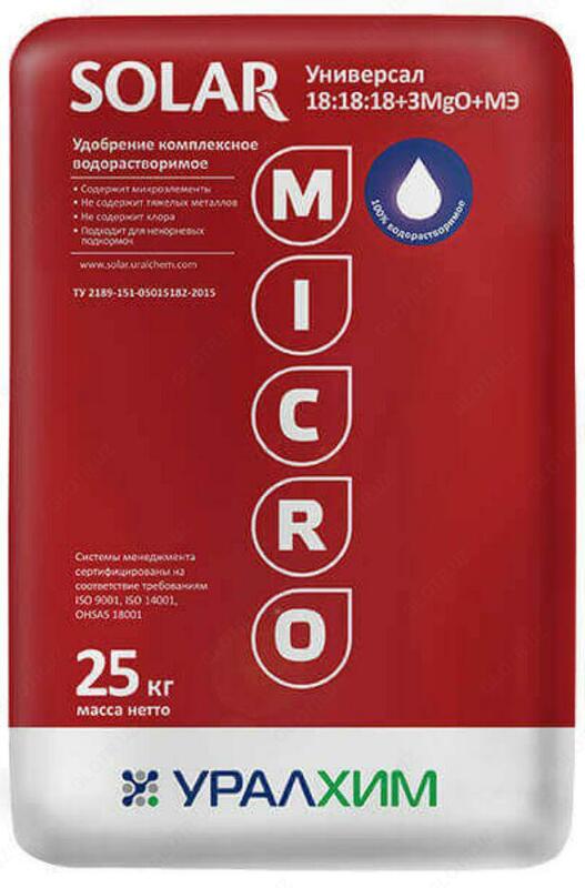 Suvda eruvchan NPK o'g'it UNIVERSAL 18:18:18+3MgO+ME Solar Uralchem