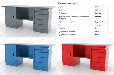 Верстак слесарный двухтумбовый с дверцей, с 5 ящиками Ferrum 01.205L