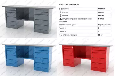 Верстак слесарный двухтумбовый, с 5/5 ящиками Ferrum 01.255L