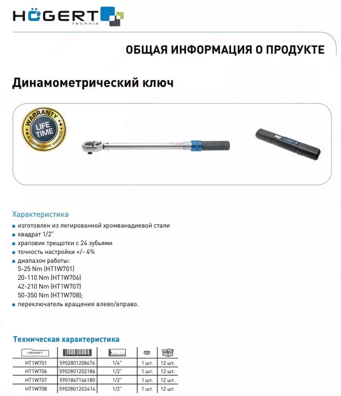 Ключ динамометрический 1/2″, 50-350 Nm