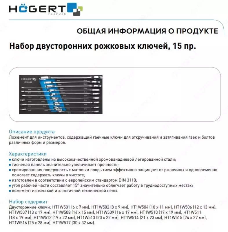 Набор рожковых ключей 15 шт.