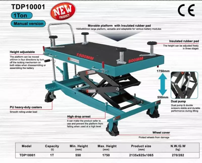 TDP10001. Подъёмный стол для установки АКБ электрических автомобилей  грузоподъемность 1 тонн