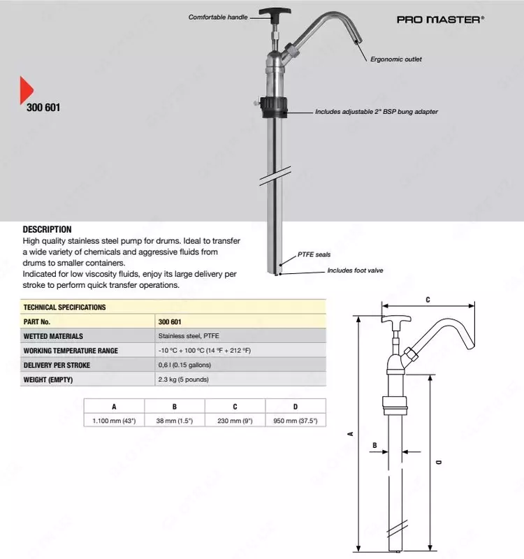  Насос для химикатов  тормозной жидкости и растворителей для бочек 205 л SAMOA 300601 - 