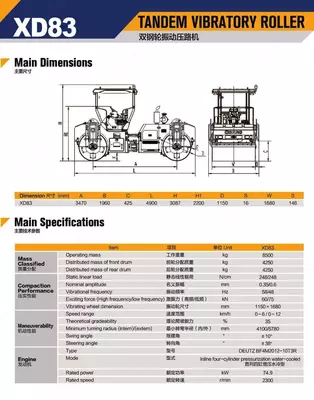 XCMG XD83 ikki barabanli yo‘l tekislagich (katok), 8 tonna
