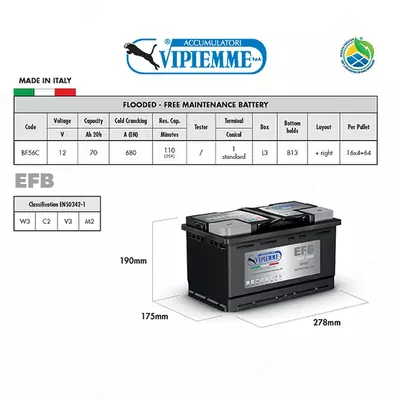 Аккумулятор для авто VIPIEMME EFB 12V70AH (278х175х190) (-+) Е BF56C (Италия)