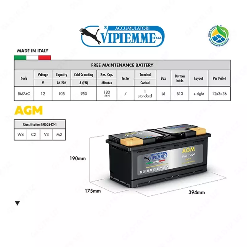 Аккумулятор для авто VIPIEMME AGM 12V105AH (394х175х190) (-+) Е BM74C (Италия)